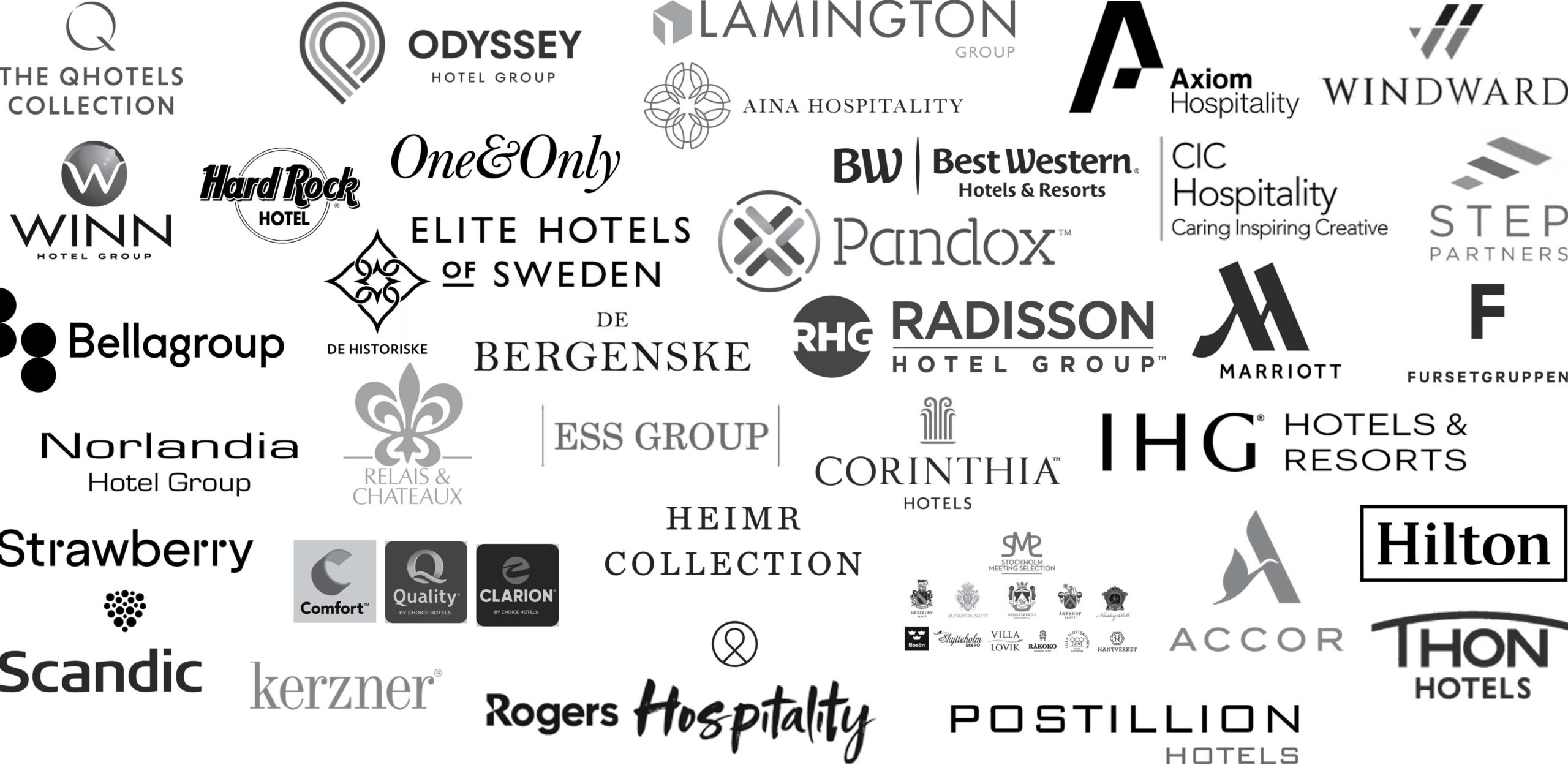 A collection of diverse hotel logos showcasing hospitality brands worldwide, emphasizing revenue management and property performance solutions offered by d2o.