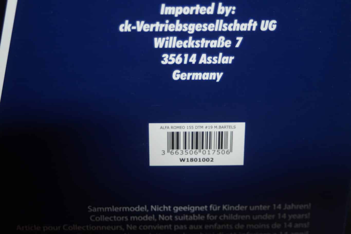 Werk83 alfa romeo 155 dtm #19 bartels jagermeister 1:18 diecast w1801002