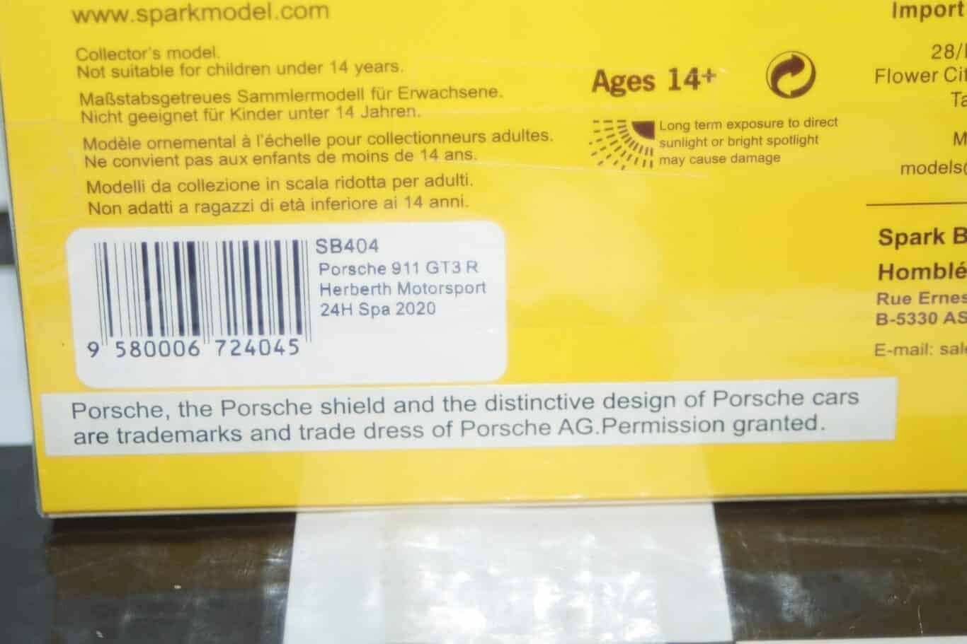 Spark porsche 911 gt3 r 24hr 2020 1:43 resin sb404 ltd 300