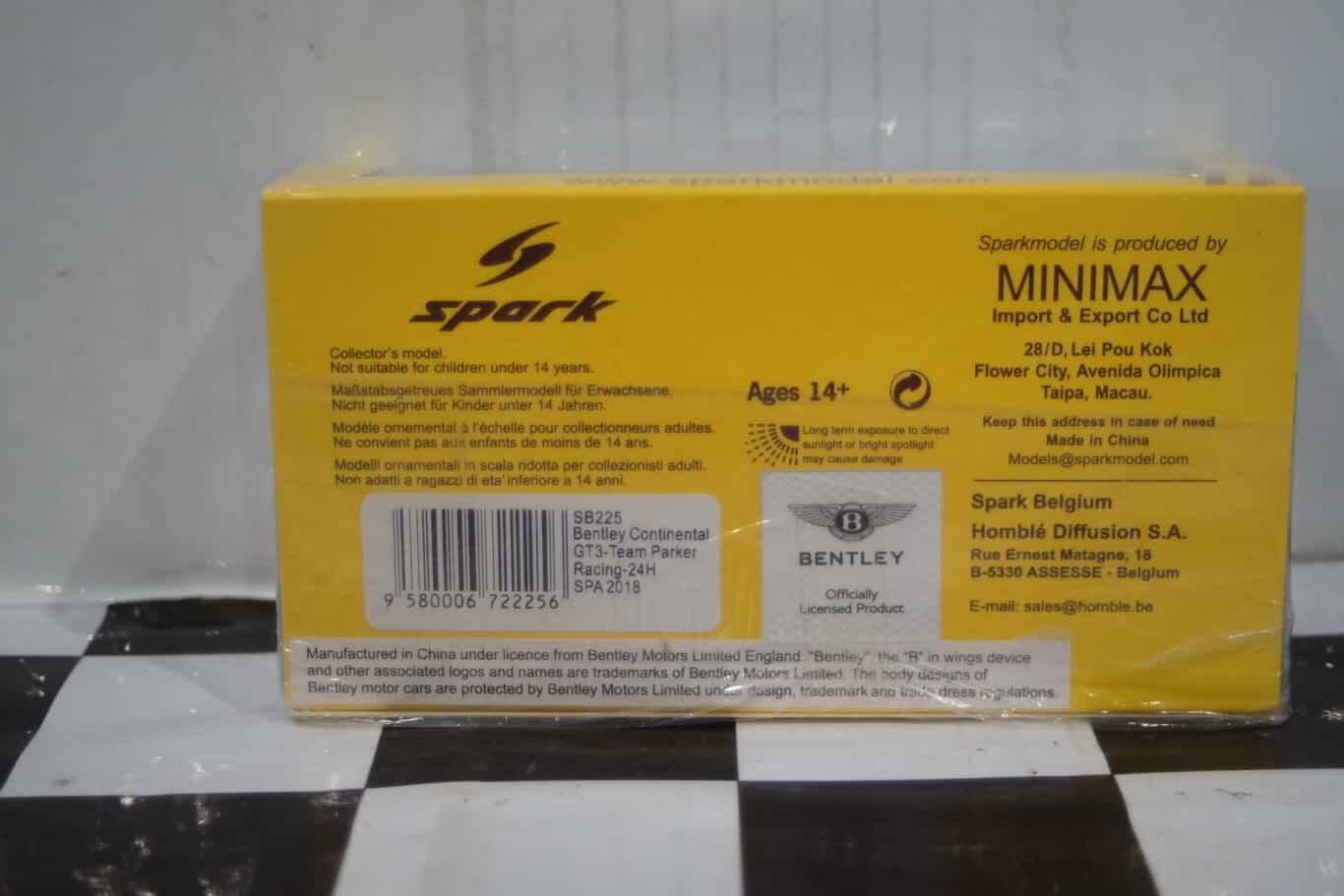 Spark bentley continental 24h spa 2018 1:43 resin sb225 ltd 300