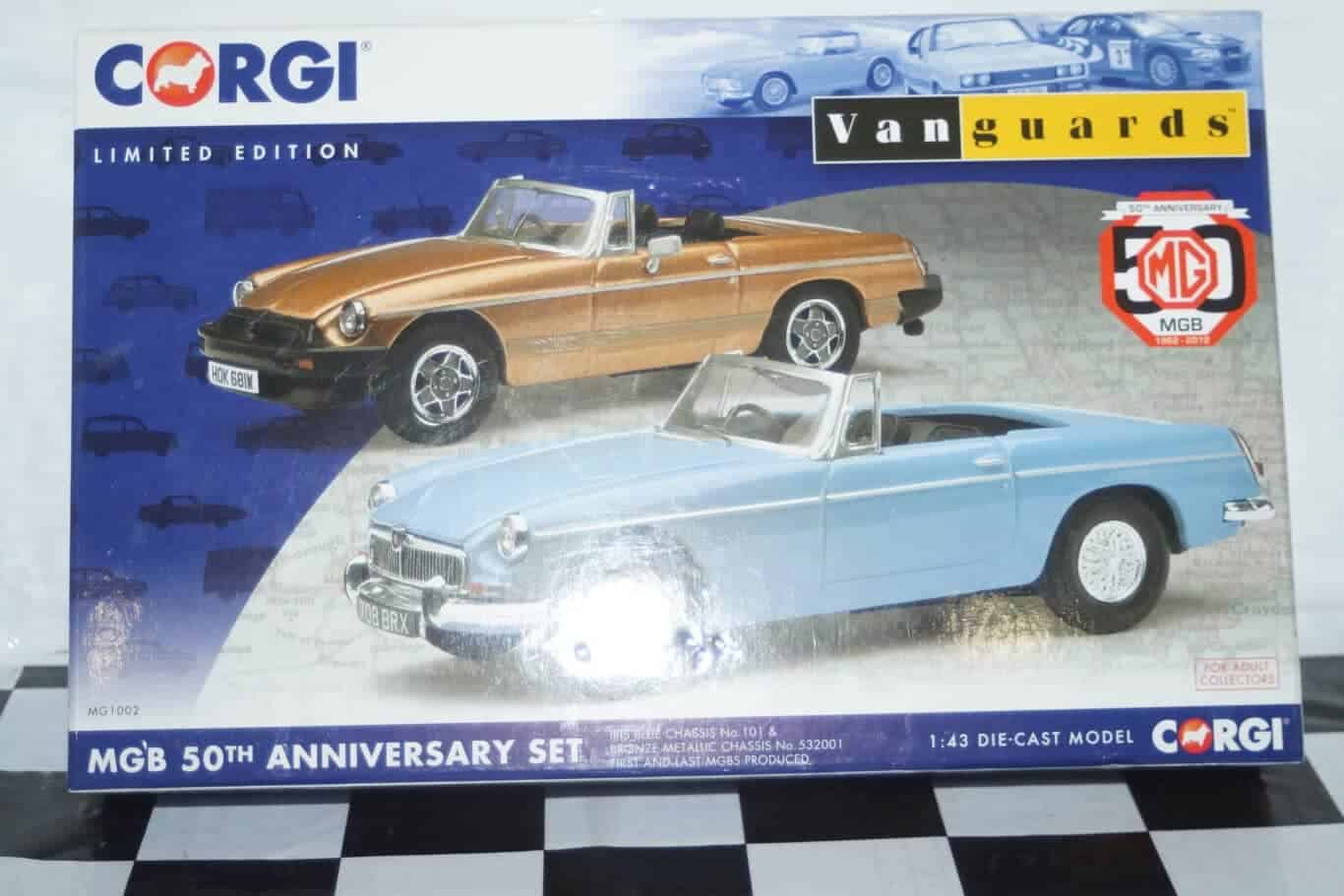 Corgi vanguards mgb 50th anniversary twin pack blue and bronze mg1002 1:43
