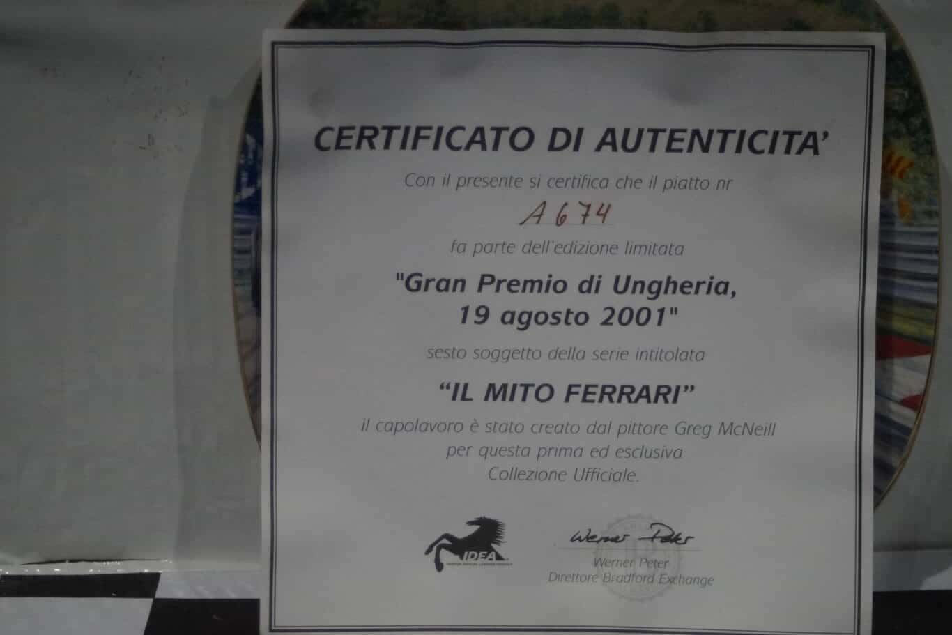 Bradford exchange gran premio di ungheria 2001 ferrari plate & certificate