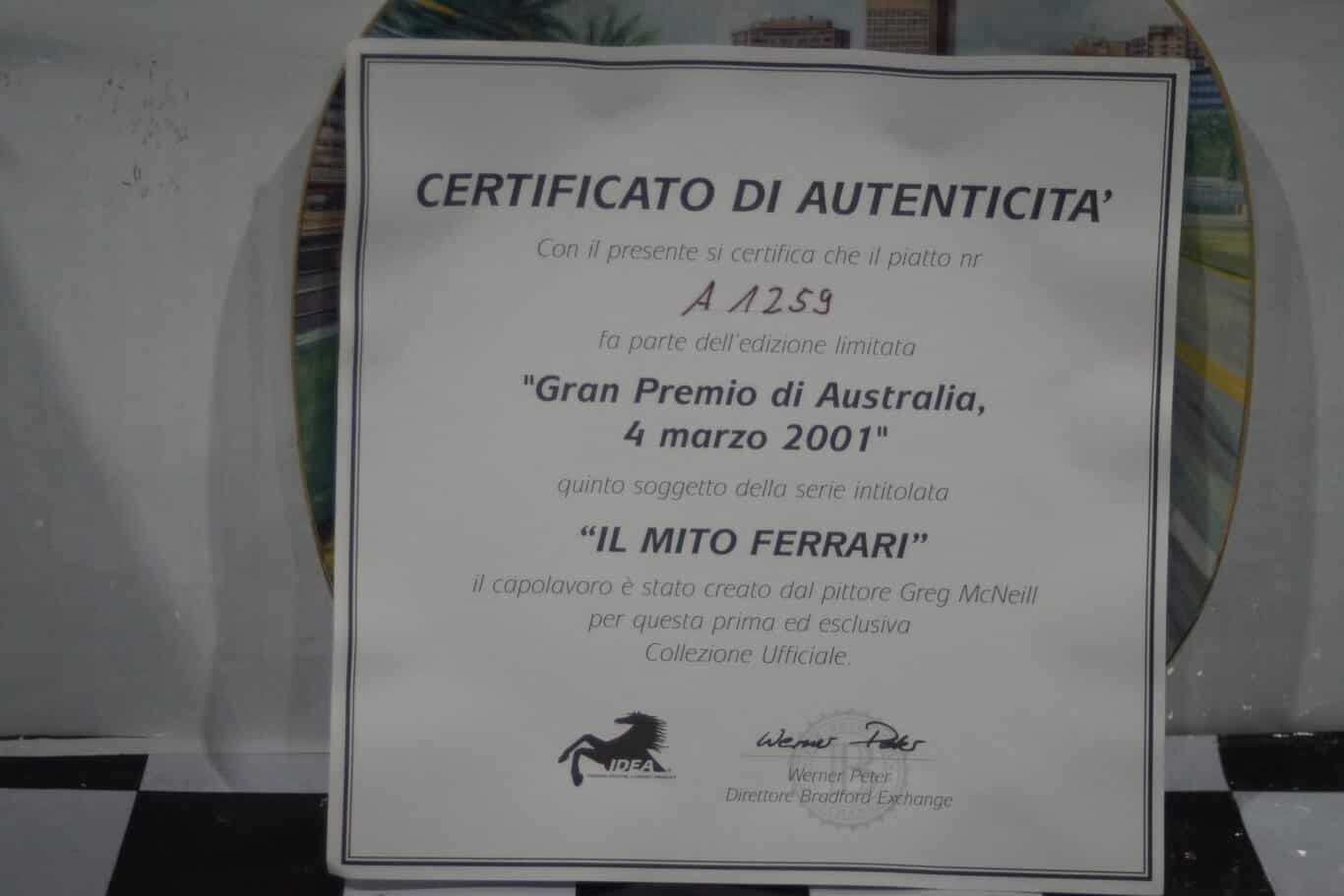 Bradford exchange gran premio di australia 2001 ferrari plate & certificate