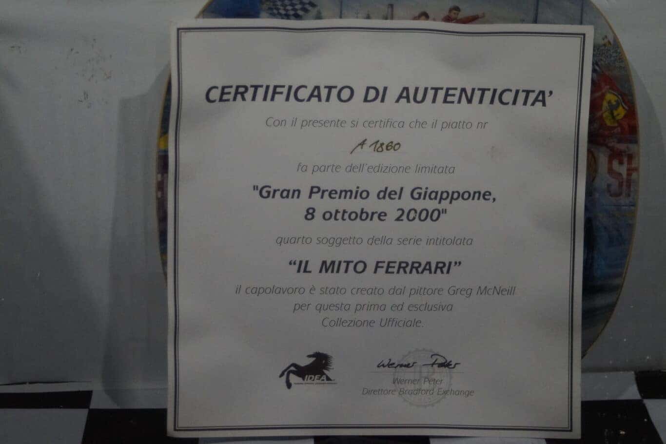 Bradford exchange gran premio del giappone 2000 ferrari plate & certificate