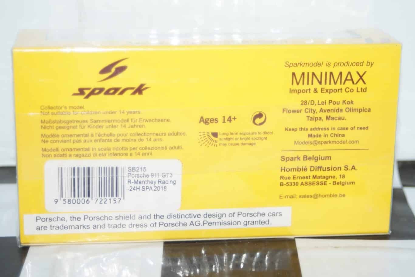 Spark porsche 911 gt3 manthey racing 24h spa 2018 #911 1:43 resin sb215