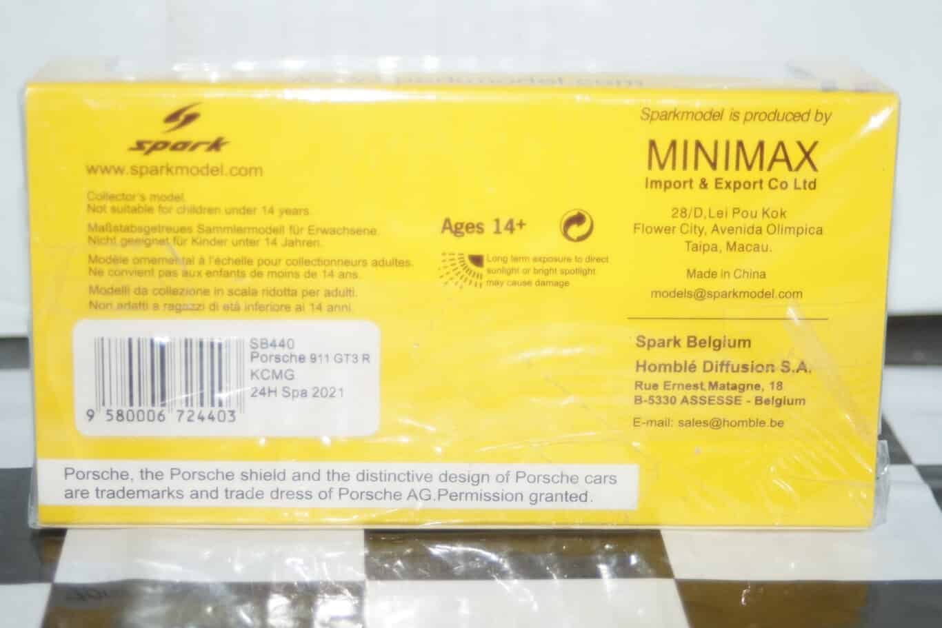 Spark porsche 911 gt3 r kcmg 24h spa 2021 #18 1:43 resin sb440