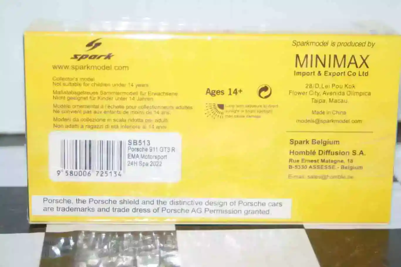Spark porsche 911 gt3 r ema motorsport 24h spa 2022 #74 1:43 resin sb513