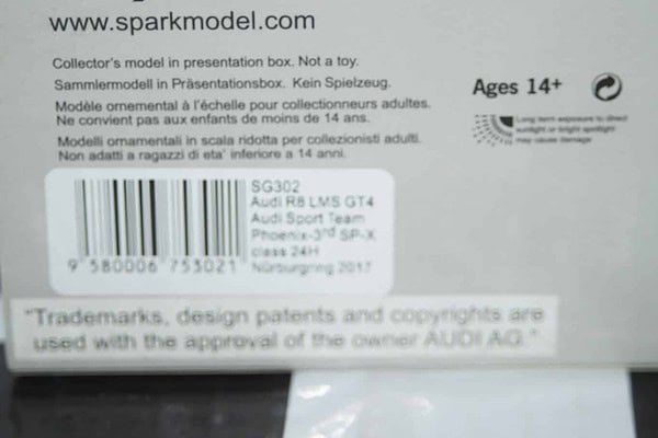 Spark audi r8 lms gt4 sp-x class 24hr nurburgring 2017 #18 1:43 ref sg302