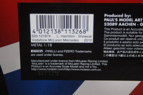 Minichamps mclaren mercedes l.hamilton f1 2012 showcar 533 121874 1:18