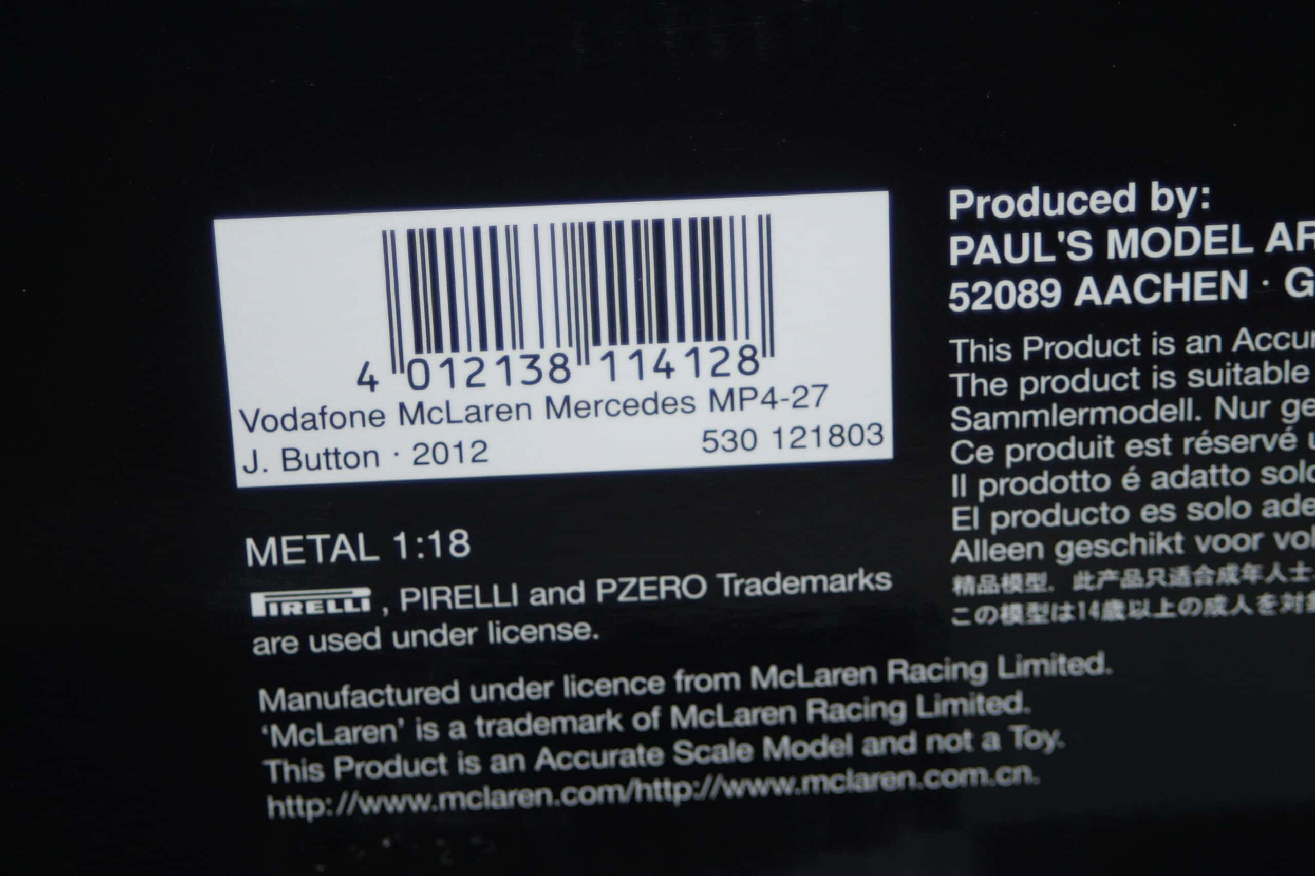Minichamps mclaren mercedes mp4-27 j.button f1 2012 530 121803 1:18