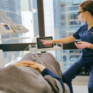 Patient undergoing sleep dentistry - relaxed in the dental chair while dental sedationist monitors their dental sedation