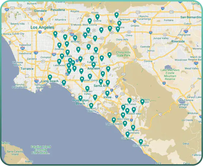 Map of the Los Angeles and Orange County areas showing numerous marked locations spread throughout cities including Los Angeles, Anaheim, Long Beach, and surrounding areas.
