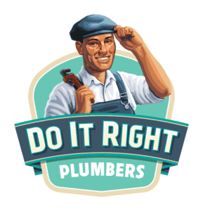 Logo of "Do It Right Plumbers" featuring a smiling plumber in overalls and cap, holding a wrench.