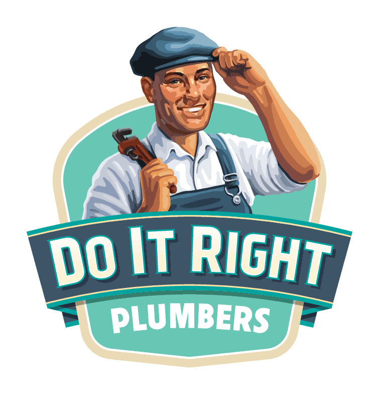 Logo of "Do It Right Plumbers" featuring a smiling plumber in overalls and cap, holding a wrench.