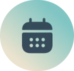 Icon of a calendar with two loops at the top and six dots below, set against a gradient green circular background.