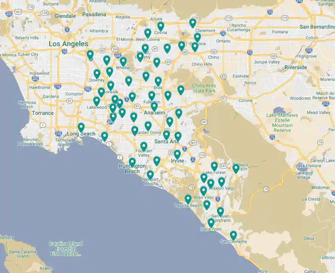 Map showcasing numerous locations marked with green pins across Los Angeles and Orange County, including cities like Anaheim, Huntington Beach, and Santa Ana. It's a comprehensive guide that helps you Do It Right when exploring these vibrant areas.