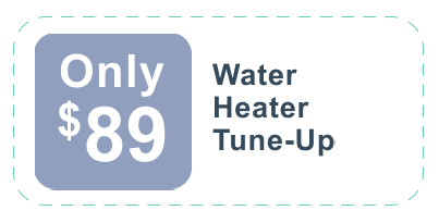 Only $89 Water Heater Tune-Up—Do It Right with our expert service, featuring a sleek gray and black background with a dotted border.