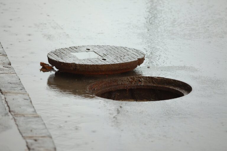 A partially open manhole cover on a wet street with puddles, next to a curb, possibly related to recent water line installation.