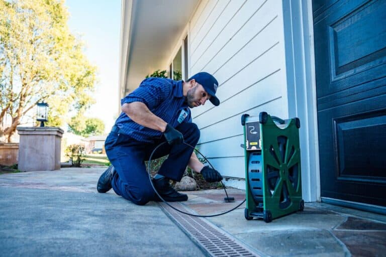 A pest control technician in uniform kneels outside a house, spraying pesticide along the foundation with a hose attached to a green reel, similar to those used in water line installation.