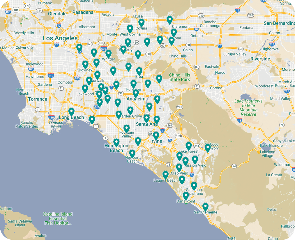 A map of the Greater Los Angeles and Orange County area marked with numerous teal location pins indicating specific points of interest—showcasing how to Do It Right when exploring top local destinations.
