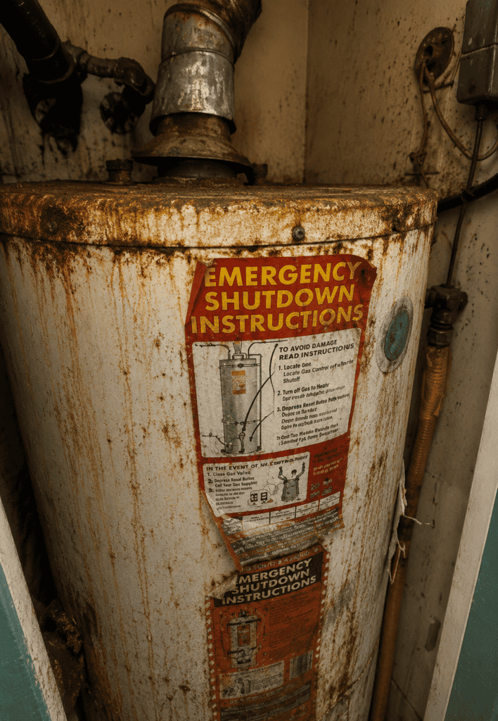 A rusty and grime-covered water heater in a worn utility closet. This image shows the damaging effects of long-term neglect, highlighting why routine plumbing maintenance is essential to prevent severe rust and premature equipment failure.