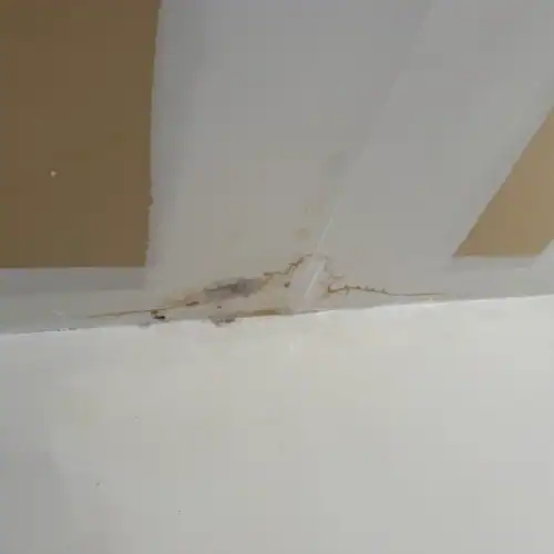 Close-up of ceiling seam with brown water staining and drywall damage showing active leak requiring roof leak repair San Antonio by Dolan Roofing & Construction in San Antonio