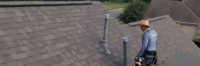 A roofer, wearing a straw hat, works on a residential roof in San Antonio, a key step for ensuring proper roofing permits are obtained.
