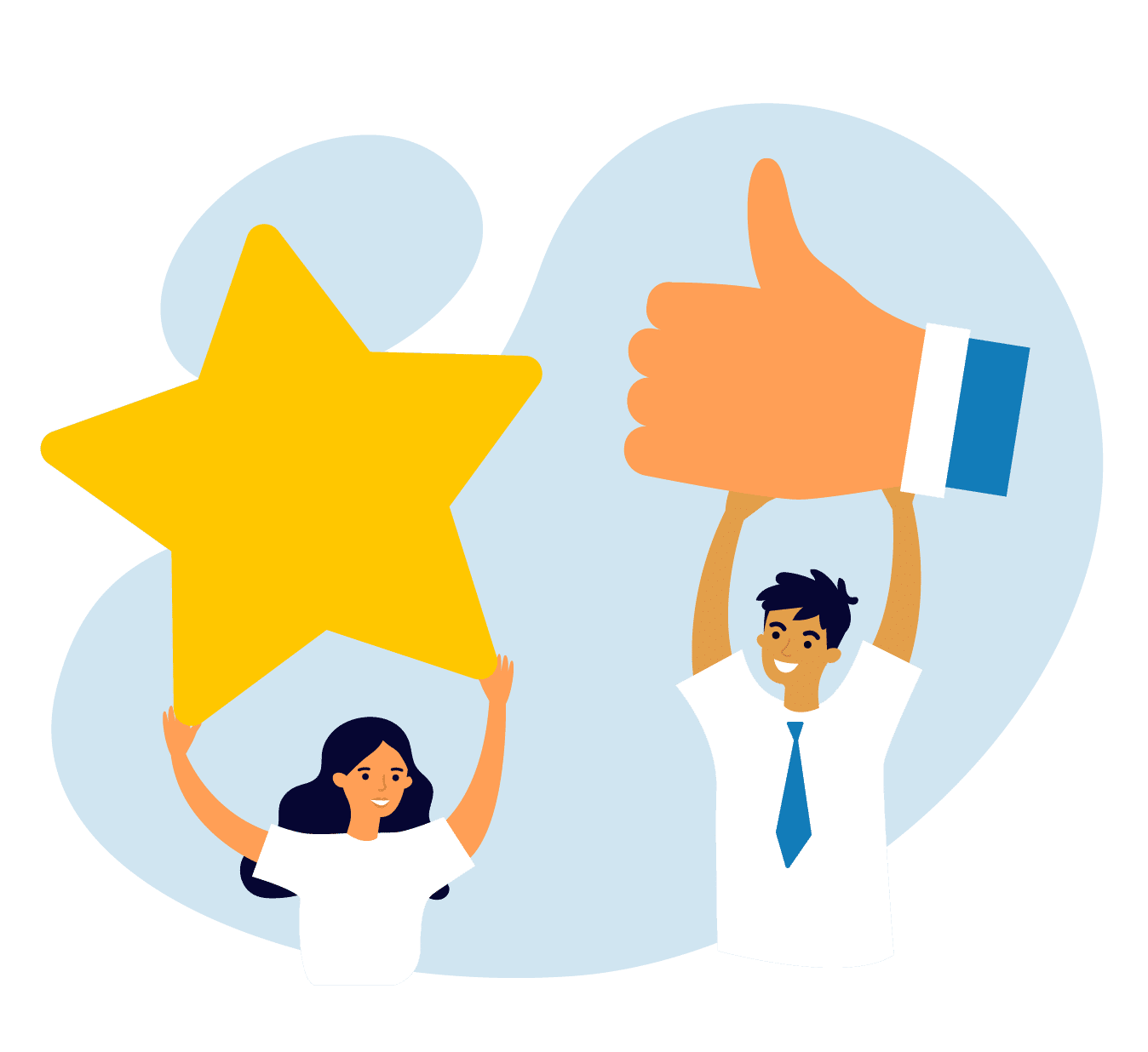 Illustration of woman holding a up a big star and a man holding up a big thumbs-up