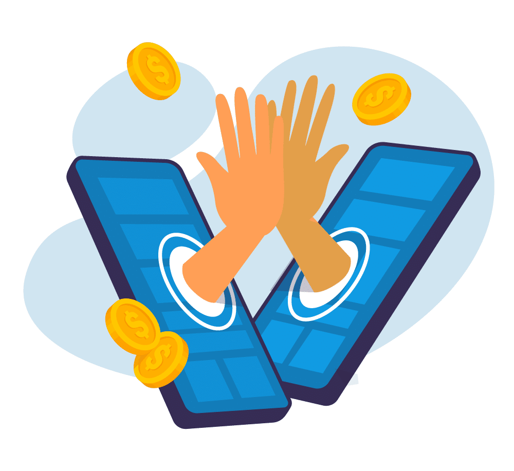 Illustration of hands emerging from smartphones and high-fiving each other Illustration of hands emerging from smartphones and high-fiving each other