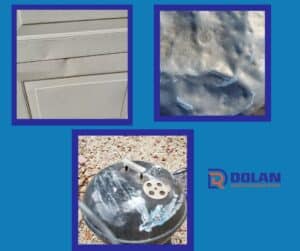 hail damage to garage door, roof vent, and bbq grill by Dolan Roofing & Construction in San Antonio, TX
