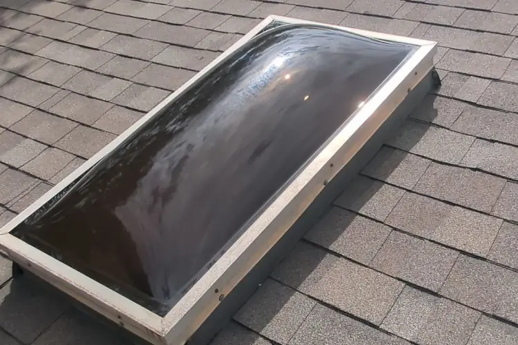 Close-up of roof skylight with dents and visible impact on surrounding shingles from hail damage repair San Antonio by Dolan Roofing & Construction