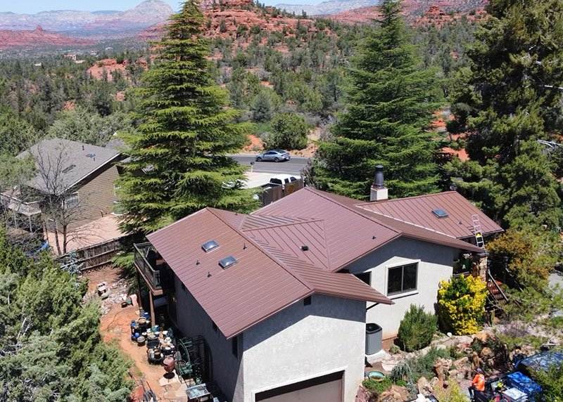 New residential metal roof from aerial view Dolan Roofing & Construction in San Antonio, TX