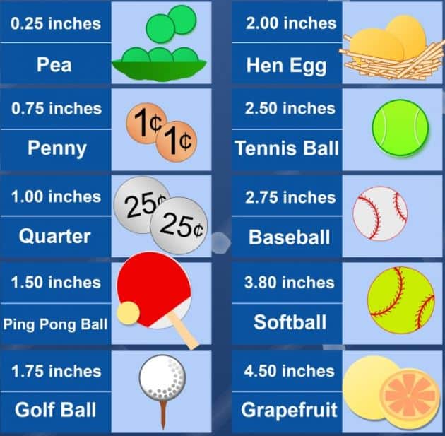 Hail size comparison chart showing measurements from pea-sized to softball-sized hail