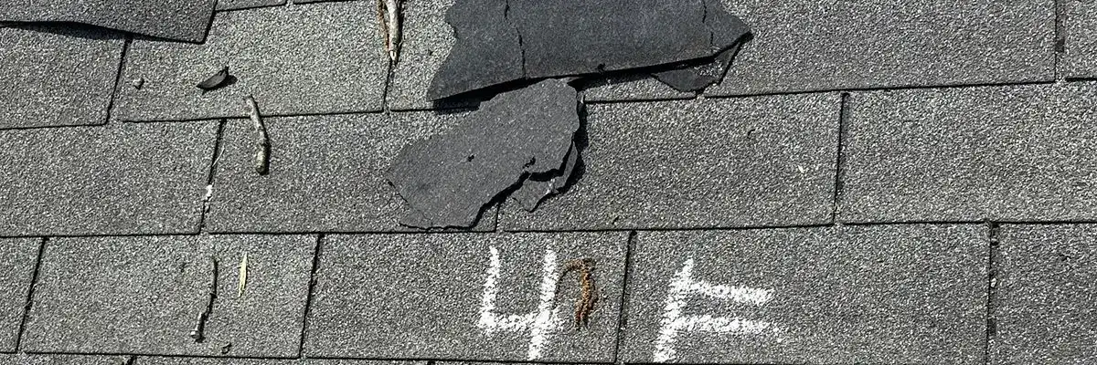 Damaged asphalt shingles on a residential roof with markings for inspection—illustrating the difference between actual cash value and replacement cost roof insurance in San Antonio.