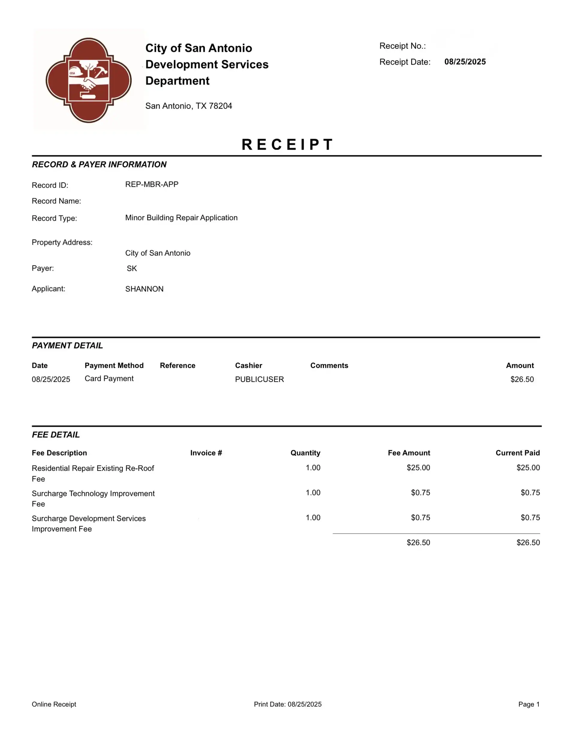A receipt from the City of San Antonio Development Services Department for a residential re-roof permit application, showing fees paid, relevant to understanding roofing permits in San Antonio.