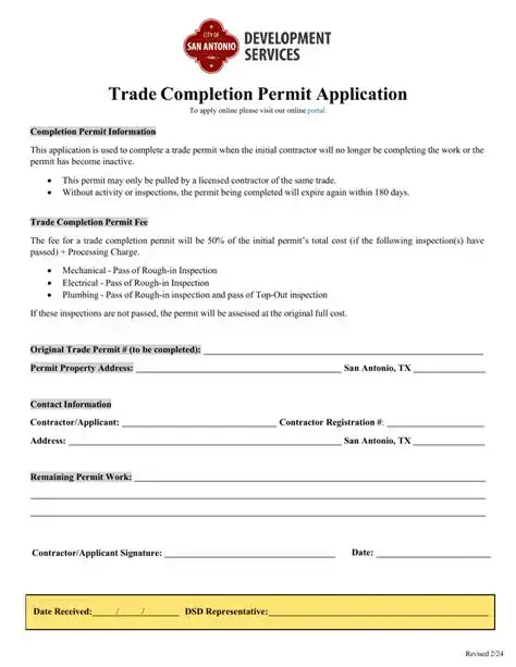 The official Trade Completion Permit Application form from the City of San Antonio Development Services, relevant to roofing permits in San Antonio.

