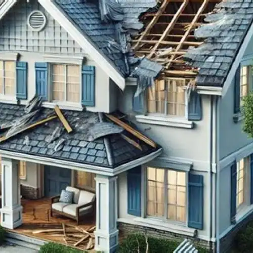 Residential home with severe storm damage to roof and missing shingles, highlighting the need for a Texas storm roof inspection by Dolan Roofing & Construction in San Antonio