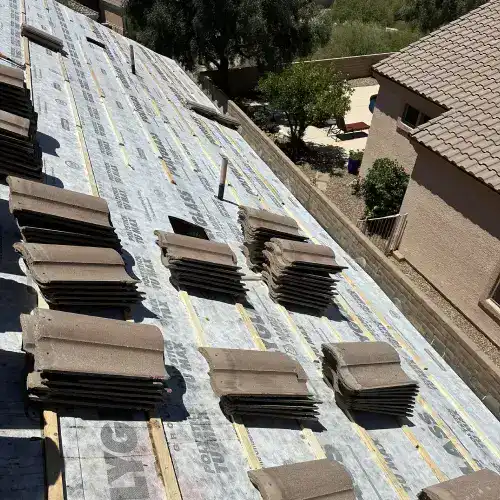 A close-up view of Polyglass underlayment being installed on a roof by Dolan Roofing & Construction in San Antonio