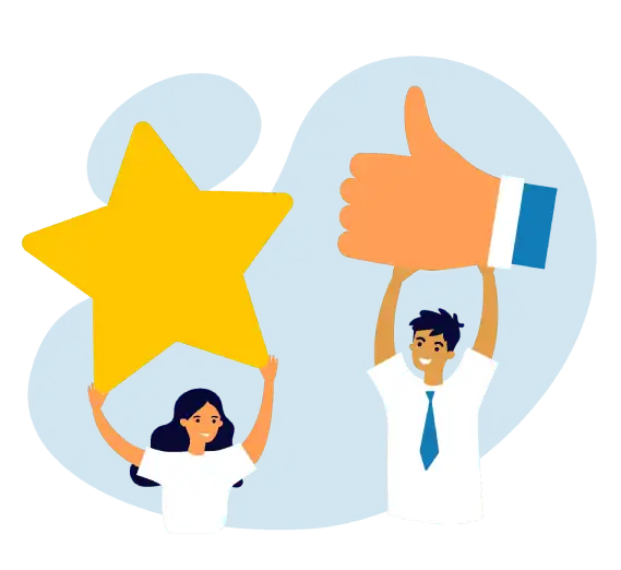 Illustration of woman holding a up a big star and a man holding up a big thumbs-up