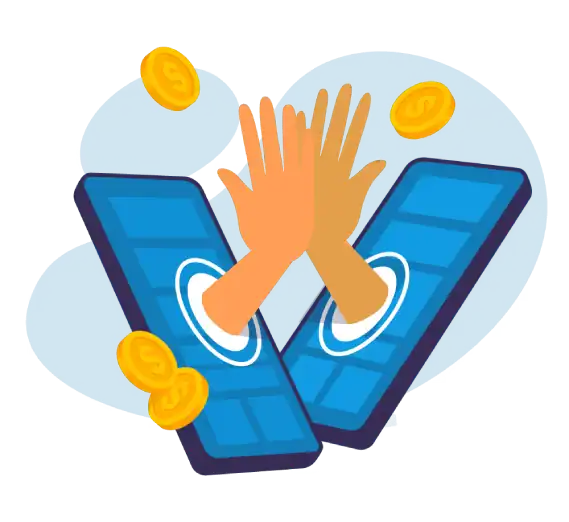 Illustration of hands emerging from smartphones and high-fiving each other