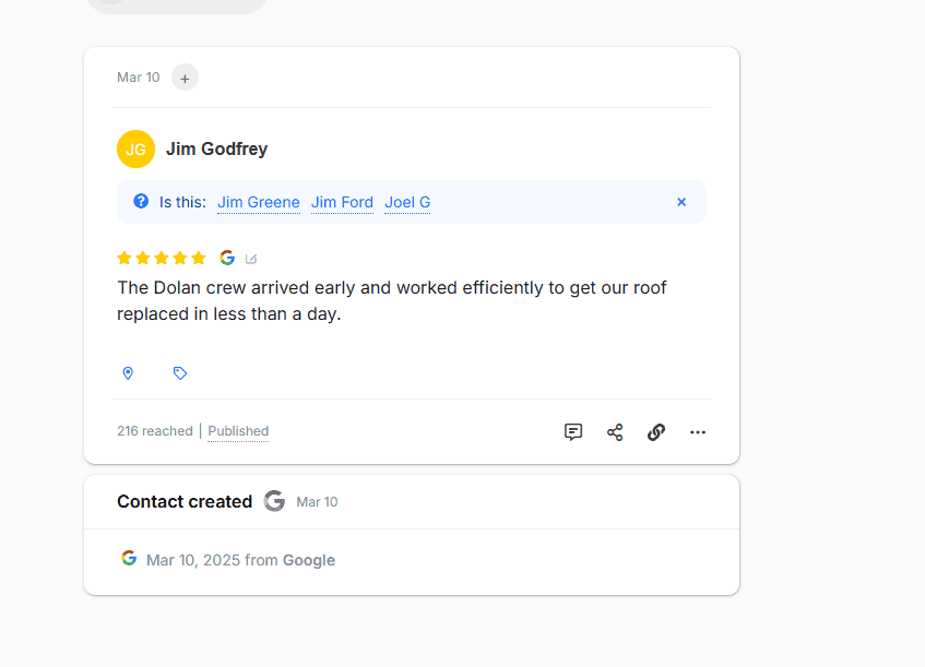 Screenshot of a five-star Google review from customer Jim Godfrey praising the speed and efficiency of the crew during a roofing replacement in Universal City TX by Dolan Roofing & Construction