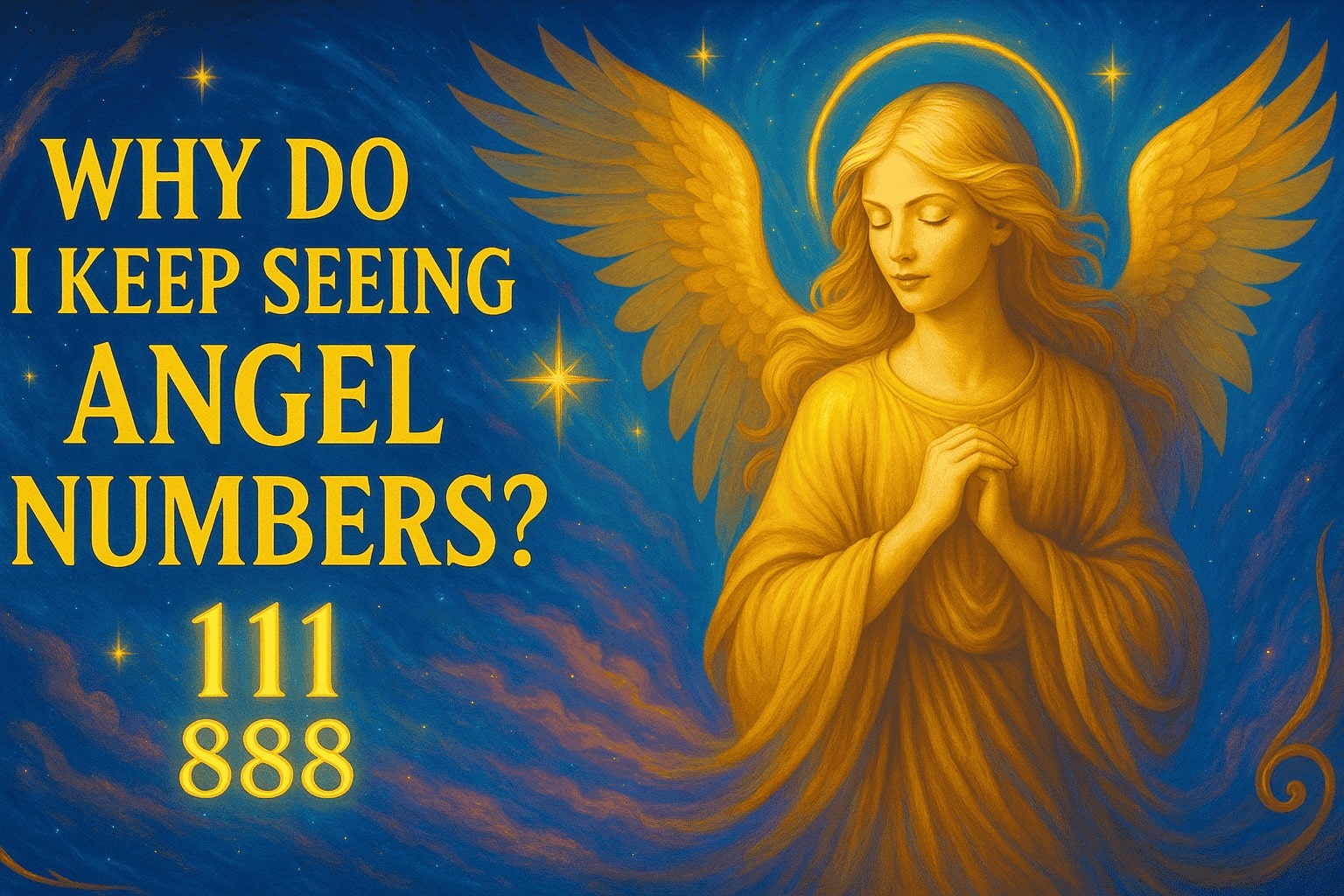 Angel illustration with golden wings and serene expression representing angel numbers.