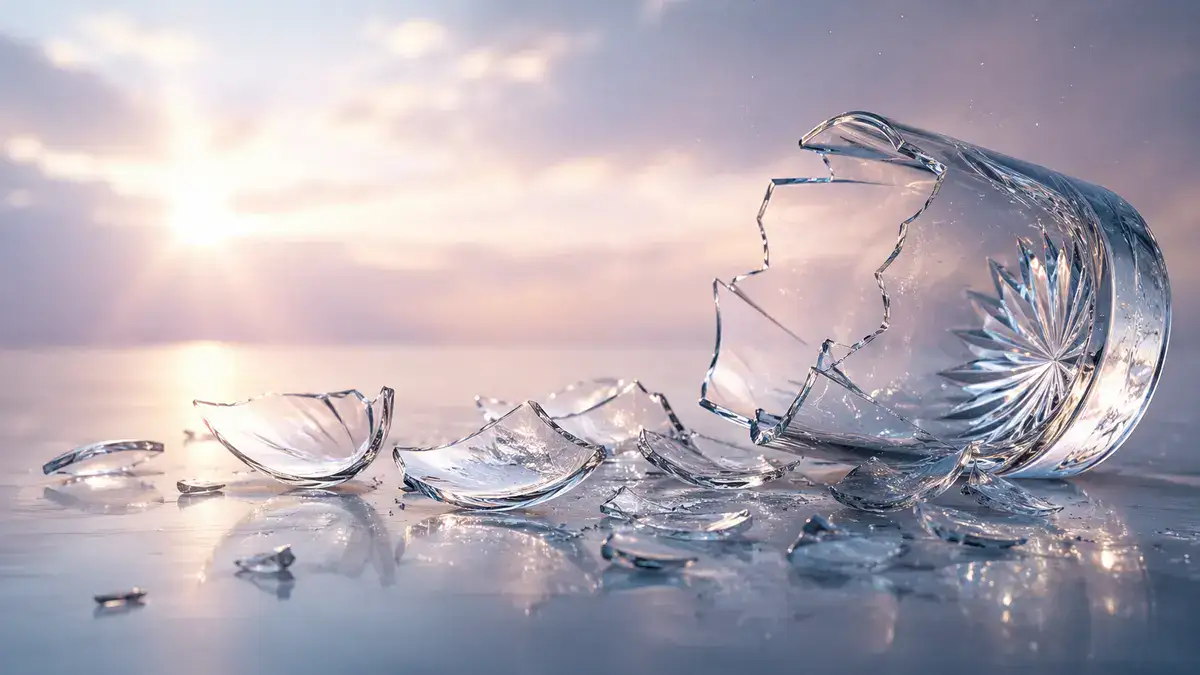Broken glass meaning shown through shattered glass reflecting soft light, symbolizing spiritual signs, emotional release, and transformation.