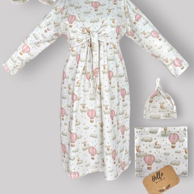 ست پیراهن بارداری،شیردهی و زایمان طرح بالن صورتی با دورپیچ و کلاه