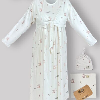 ست پیراهن بارداری، شیردهی و زایمان طرح مادلین با دورپیچ و کلاه و هد مادر