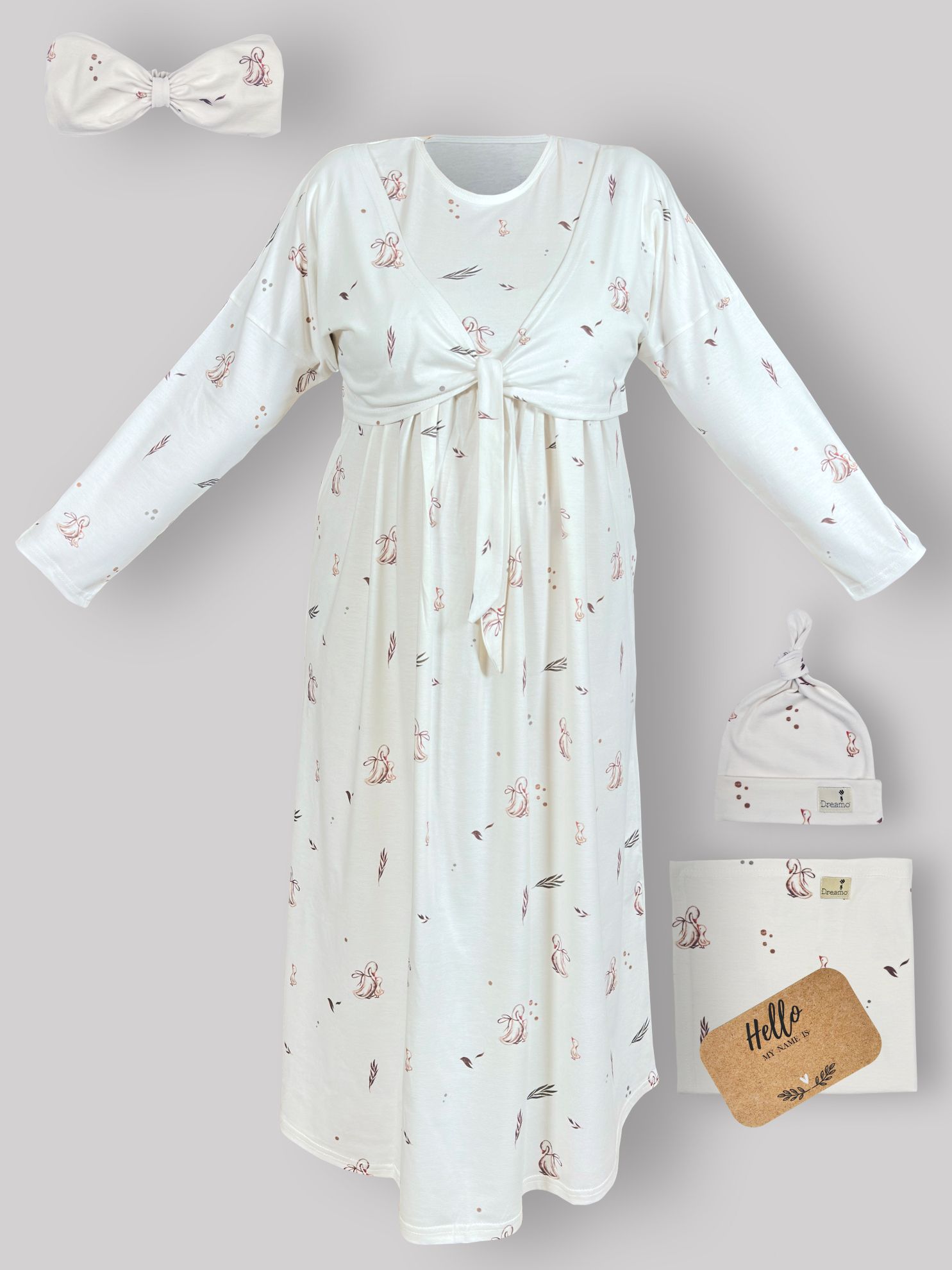 ست پیراهن بارداری، شیردهی و زایمان طرح مادلین با دورپیچ و کلاه و هد مادر