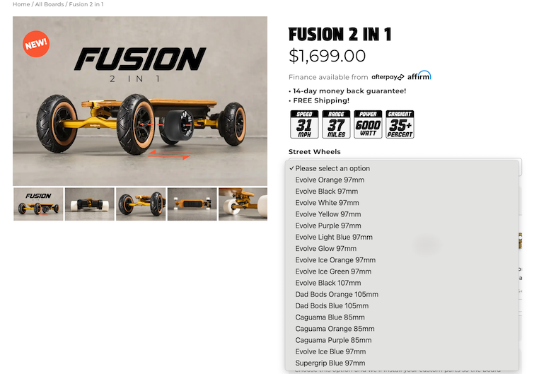 Evolve Fusion has a lot of wheel options