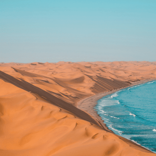 A desert landscape with sand dunes and a calm ocean shoreline under a clear sky.