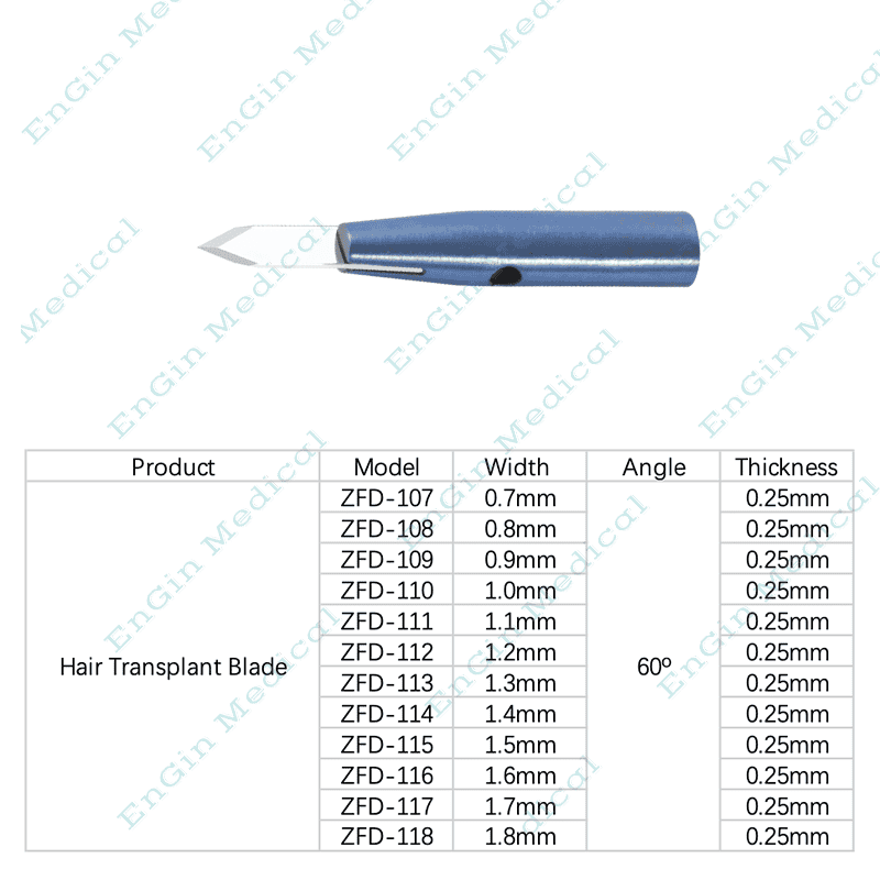 Sapphire FUE hair transplant blade (ZFD series) for precise microsurgery, various sizes from 0.7mm to 1.8mm.
