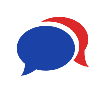 A blue and red speech bubble with a red and blue flag.